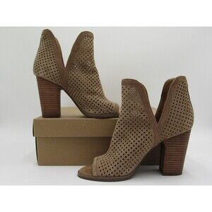 Lucky Brand Womens 7.5 Larise Booties Suede Perforated Block Heel Peep Toe Tan